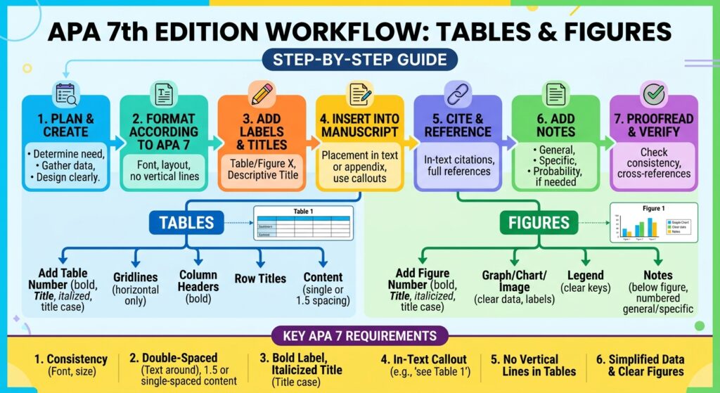A step-by-step flowchart infographic outlining the APA 7th edition workflow for formatting tables and figures in academic writing, detailing 7 steps from planning to proofreading.