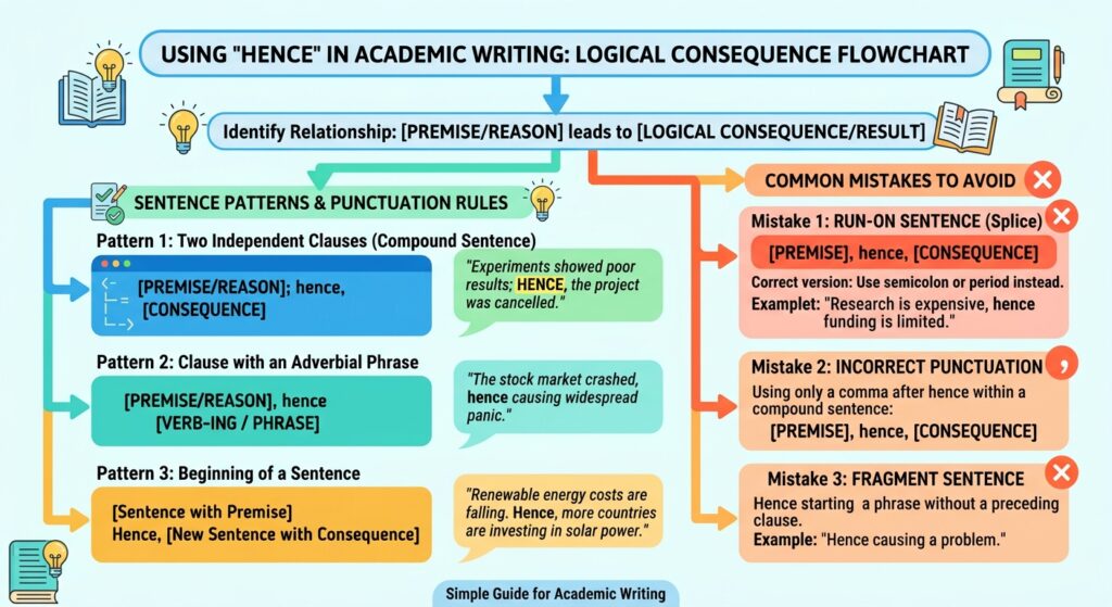 Flowchart diagram illustrating how to use "hence" in academic writing