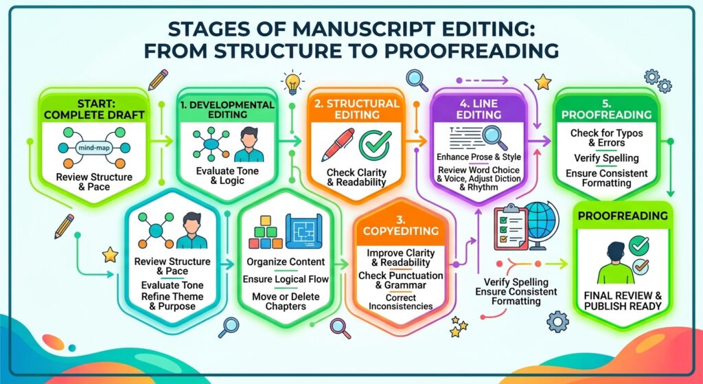 Stages of manuscript editing from structural revision to proofreading
