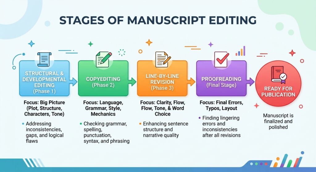 Infographic showing the stages of manuscript editing: developmental editing, copyediting, line-by-line revision, and proofreading.