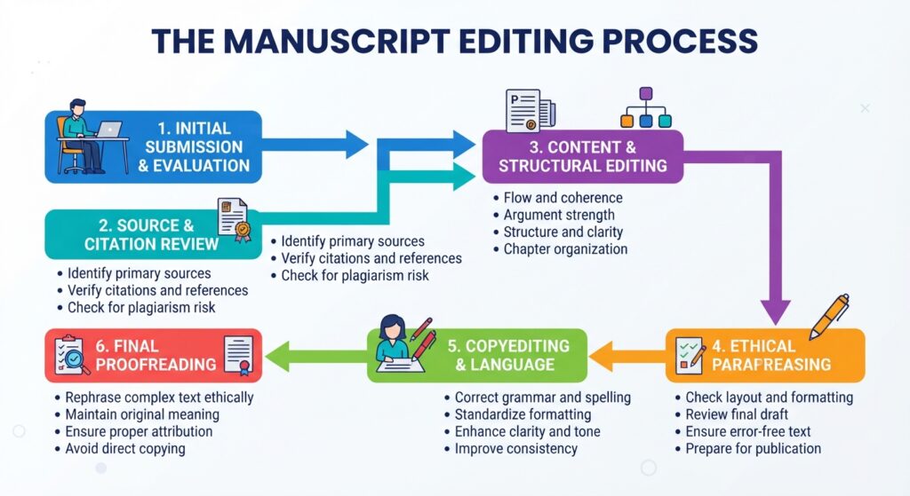 Flowchart outlining the manuscript editing process, featuring stages from initial submission to final proofreading.