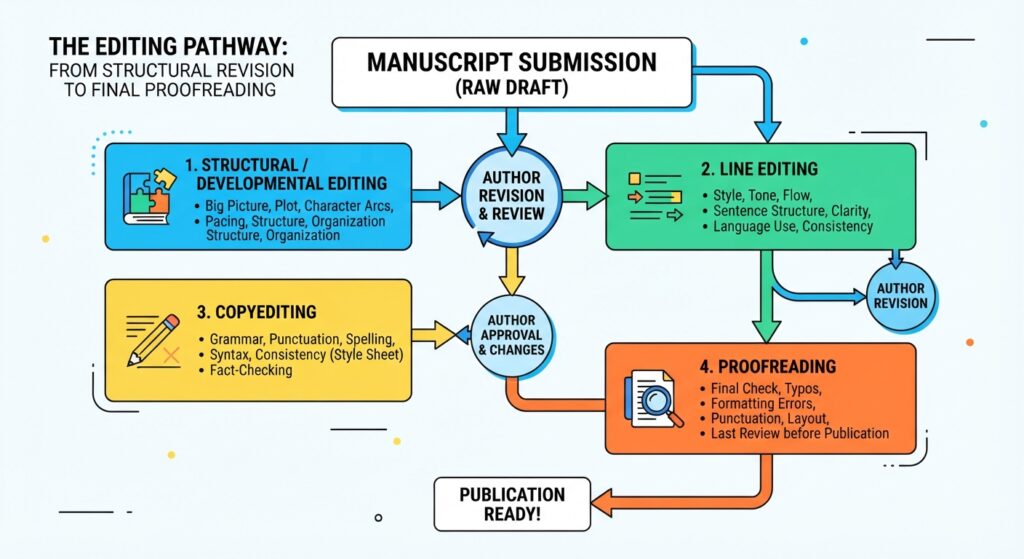 the stages of manuscript editing from structural revision to final line by line proofreading